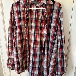 Men’s Wearhouse modern fit red, white, and blue plaid button up dress shirt